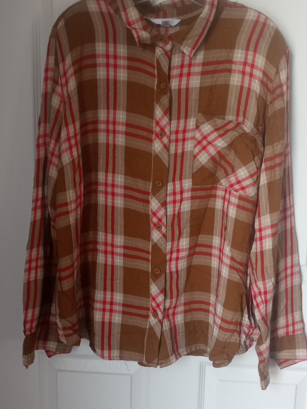 Time and Tru Brown Plaid Button-Down Shirt with Red and Cream Stripes